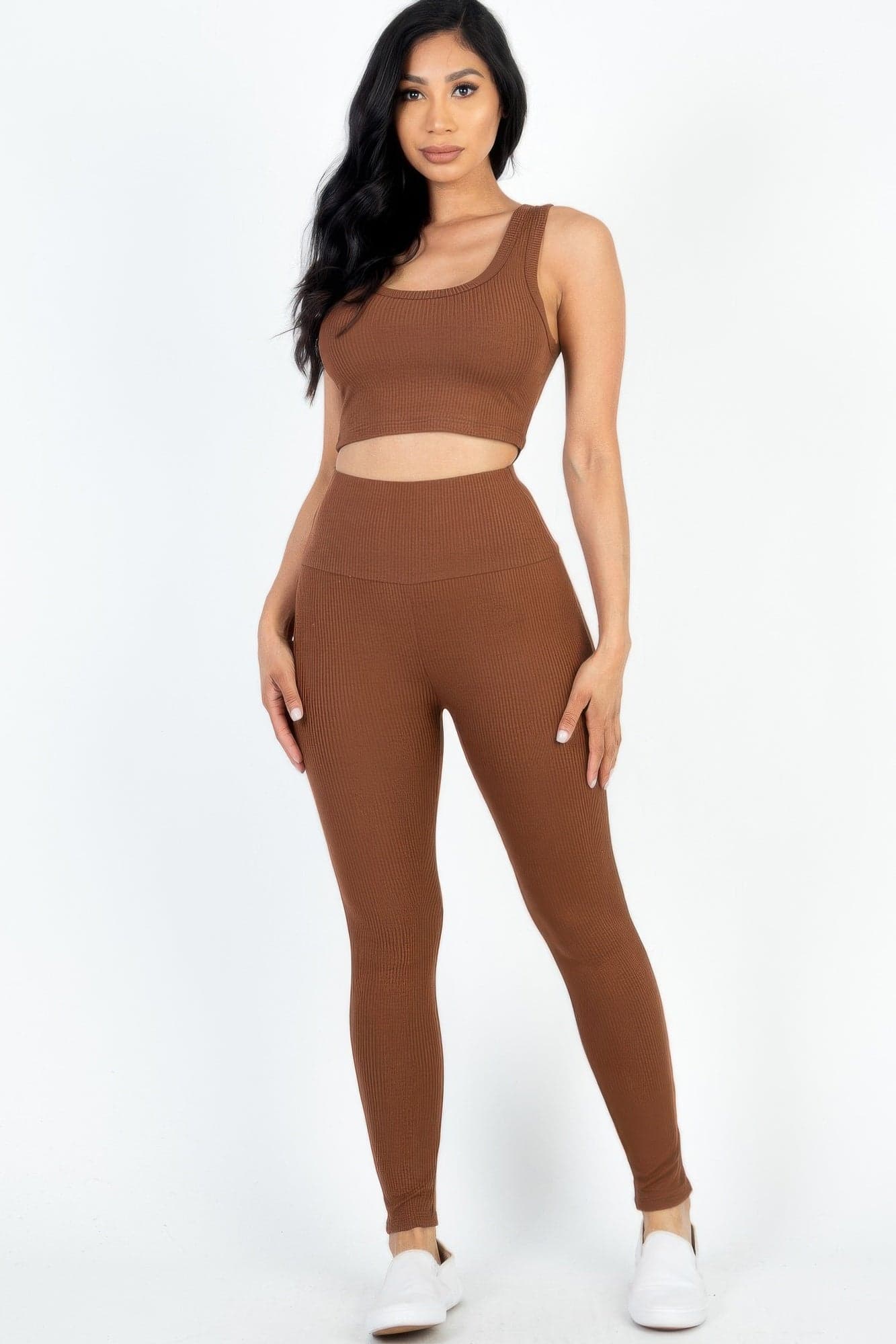 Ribbed Crop Top & Leggings Set - Downtown Brown / M - Thumbnail 6