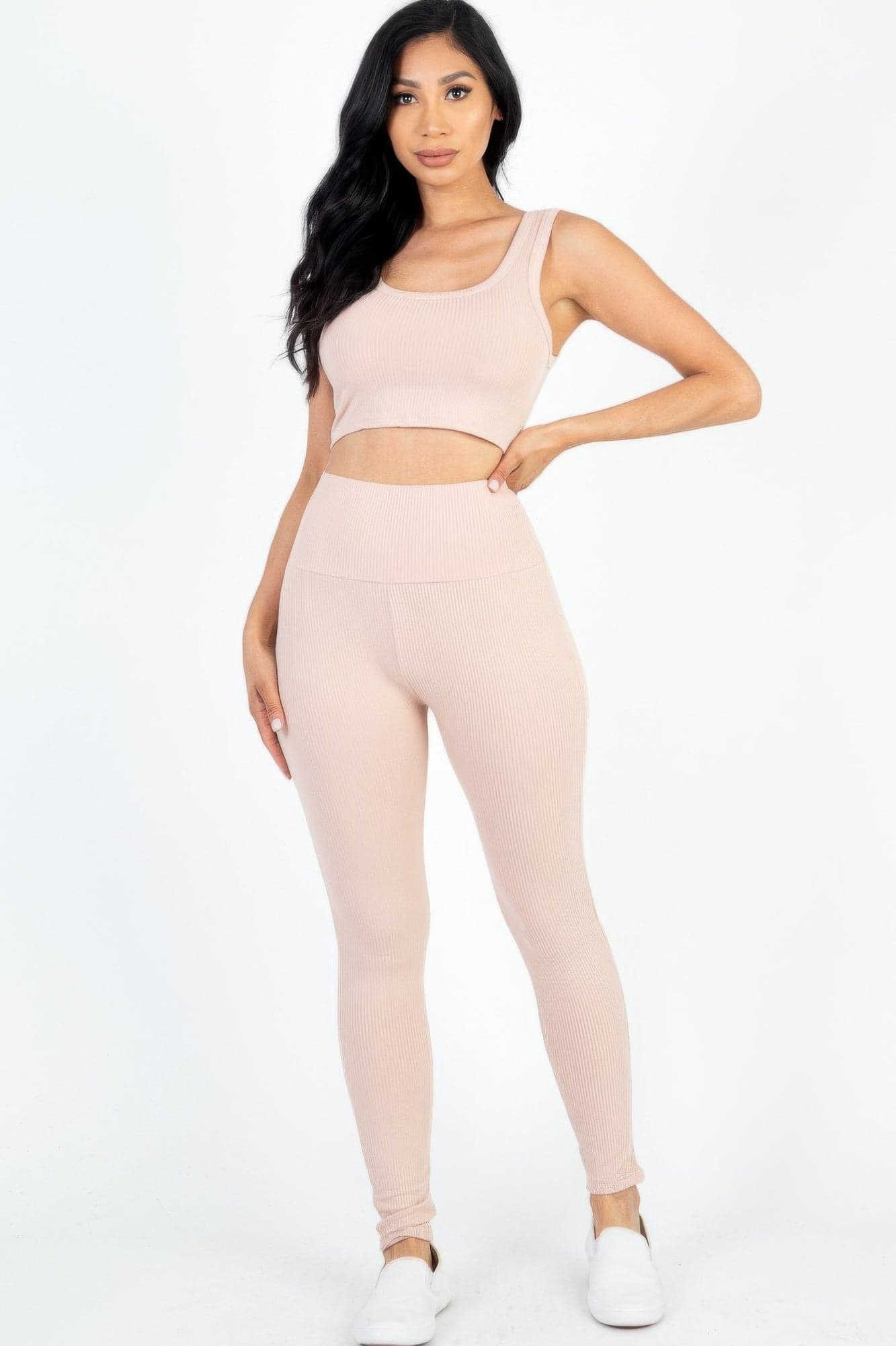 Ribbed Crop Top & Leggings Set - Grey / M - Thumbnail 2