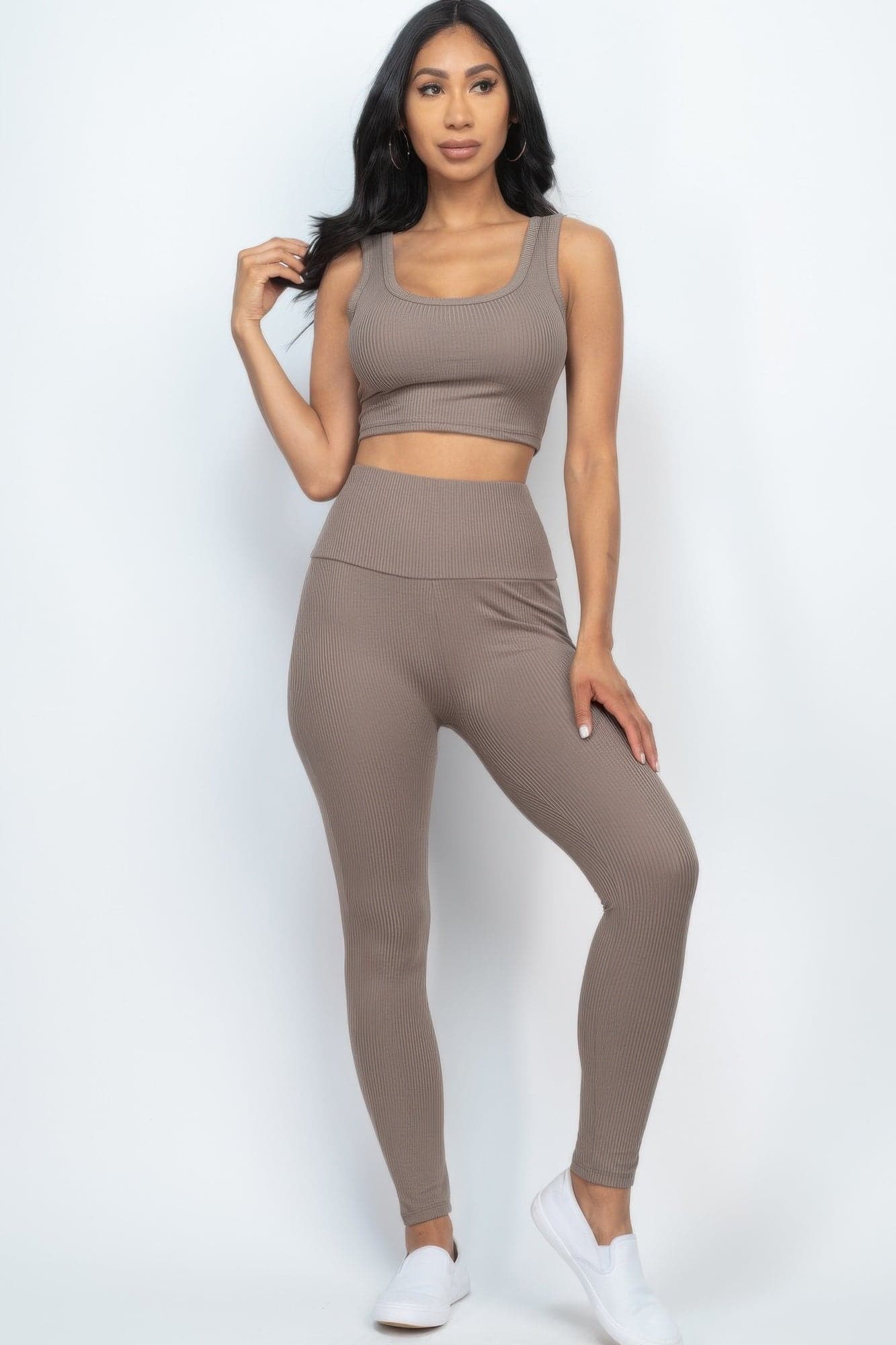 Ribbed Crop Top & Leggings Set - Downtown Brown / M - Thumbnail 12