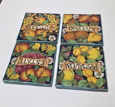 Parrini Italian Majolica 4 Seasons Tile Set Fruit Pottery 6x6 Blue Ceramic New