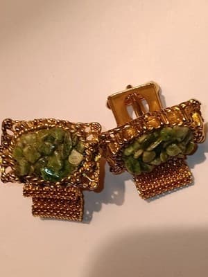VTG MCM Cuff Links Men’s Green Jade Style Stone & Gold Tone Wraparound Mesh - Thumbnail 6