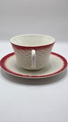 Vintage Fire King Fish Scale Vitrock Cup And Saucer Red - Thumbnail 3