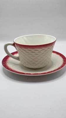 Vintage Fire King Fish Scale Vitrock Cup And Saucer Red - Thumbnail 2