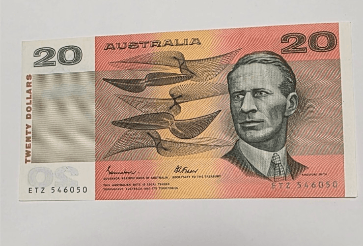 1985 Australia 20 Dollars Paper Banknote Johnston/Fraser Prefix ETZ Hargrave AU - Thumbnail 2