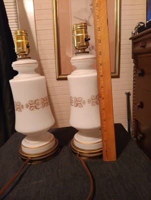 Vintage MCM White Gold Satin Glass Pair Dresser Lamps - Thumbnail 5
