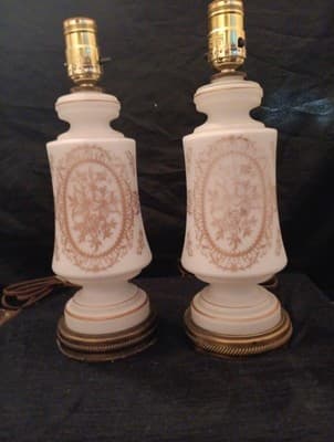 Vintage MCM White Gold Satin Glass Pair Dresser Lamps - Thumbnail 8