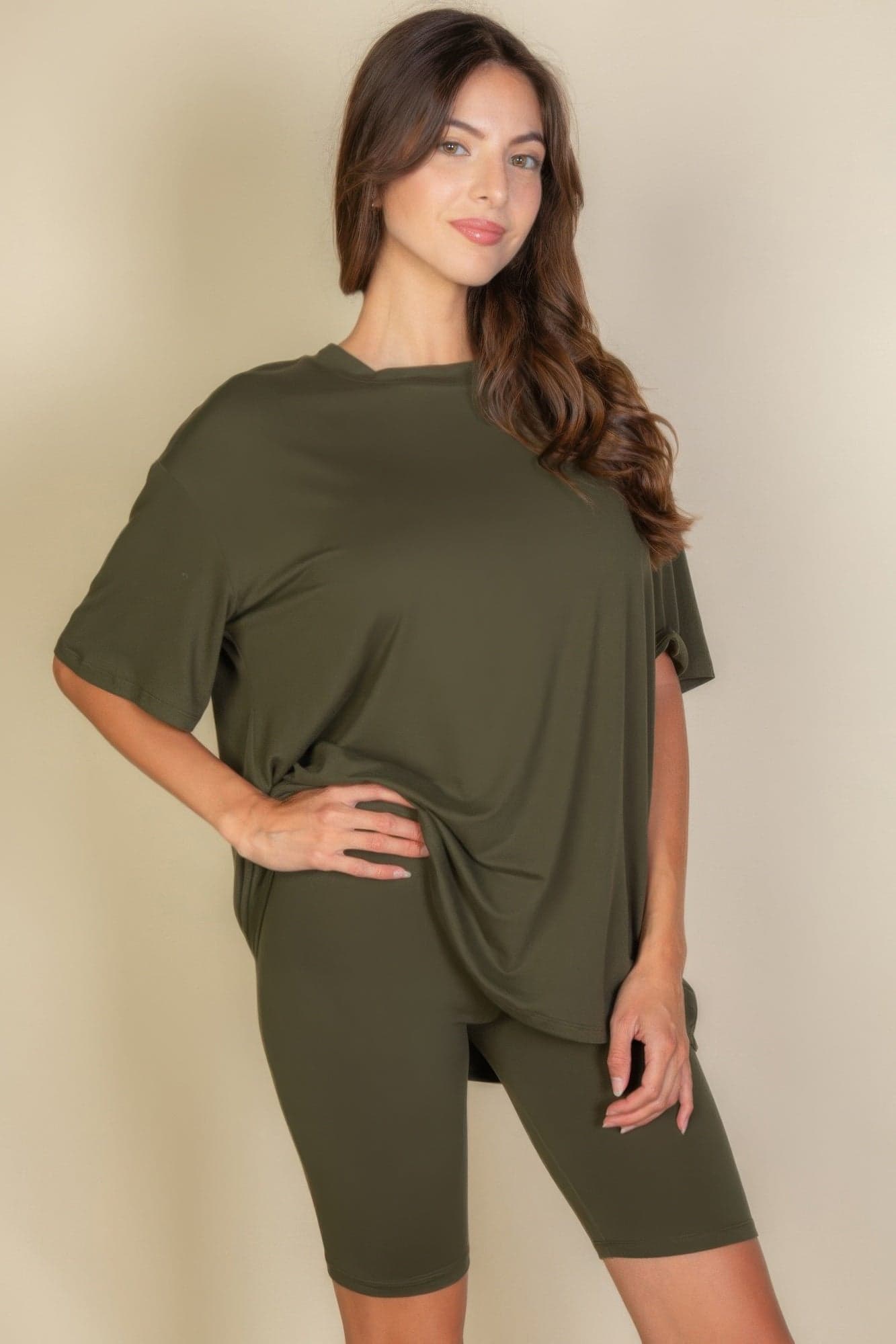 Loose Fit Top & Biker Shorts Set - Olive / L - Thumbnail 16