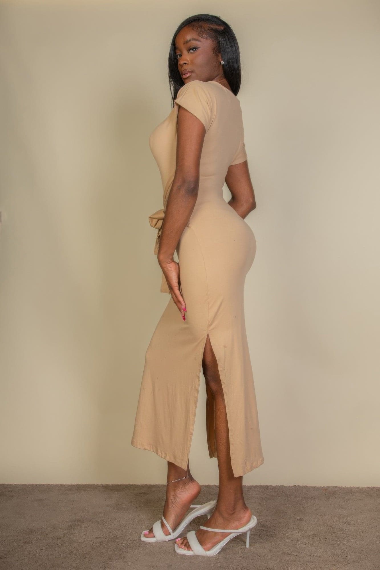 Tie Front Short Sleeve Side Slit Dress - Olive / S - Thumbnail 3