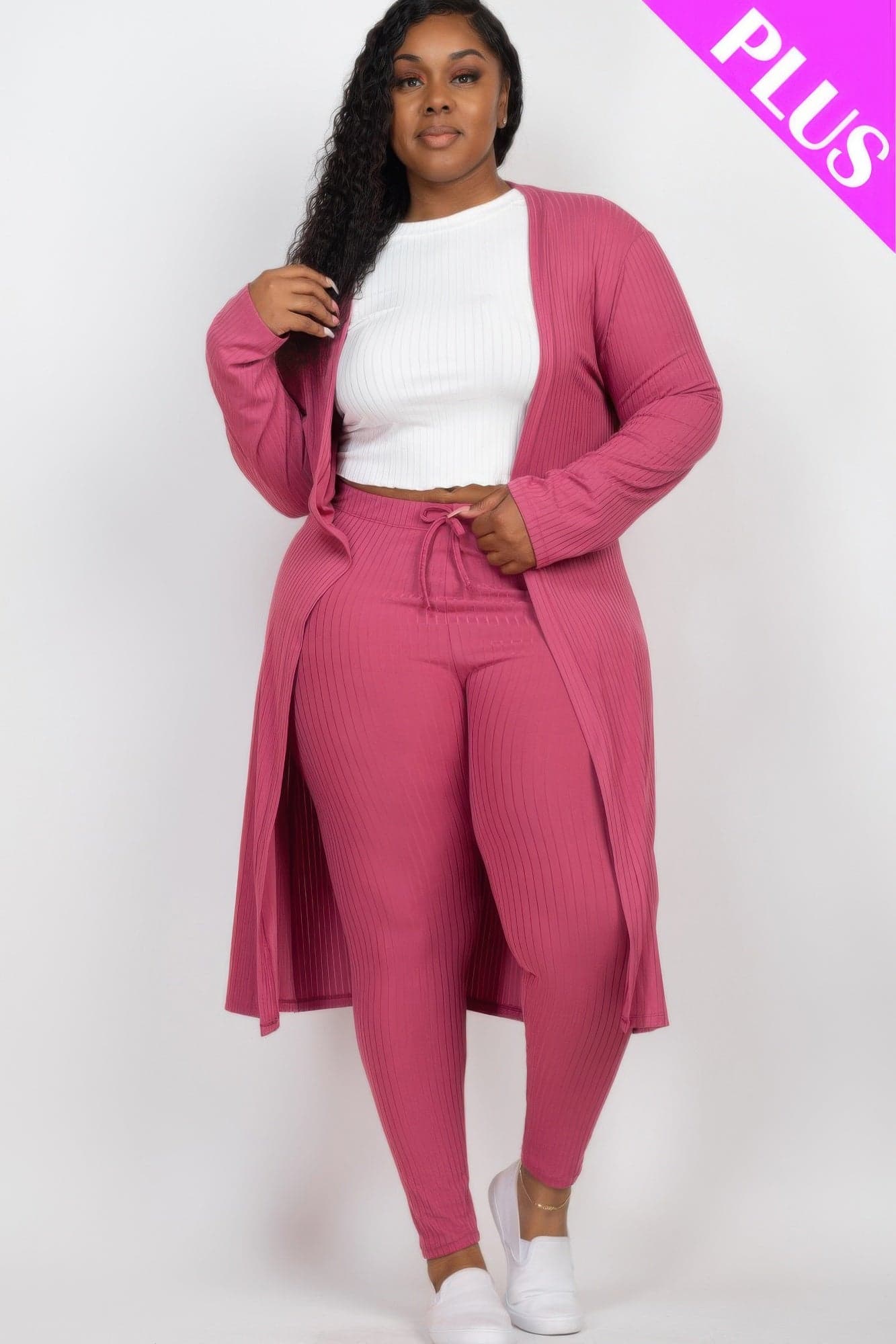 Plus Size Ribbed Long Cardigan & Leggings Set - Taupe / 3XL - Thumbnail 2