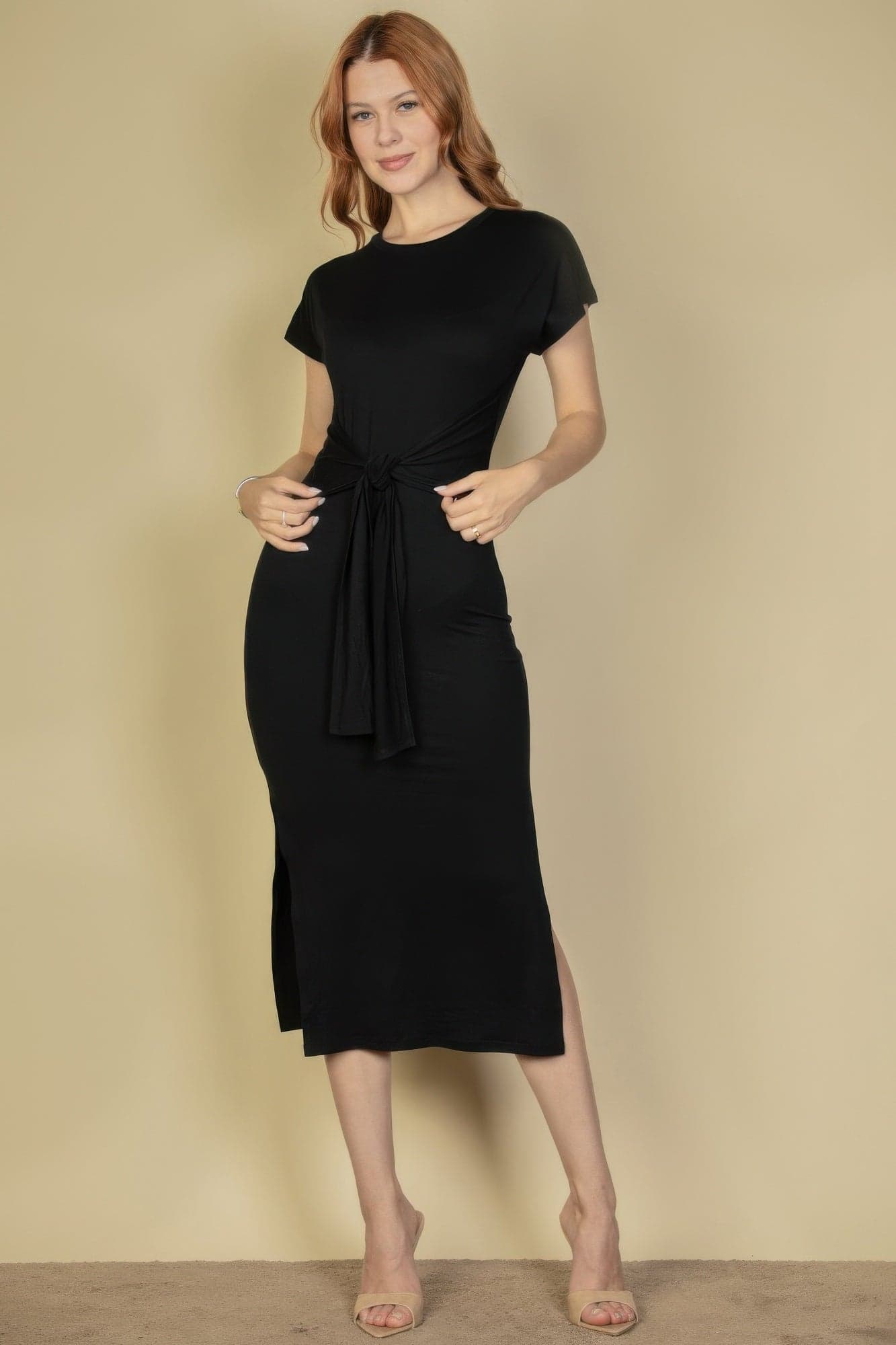 Tie Front Short Sleeve Side Slit Dress - Olive / L - Thumbnail 9