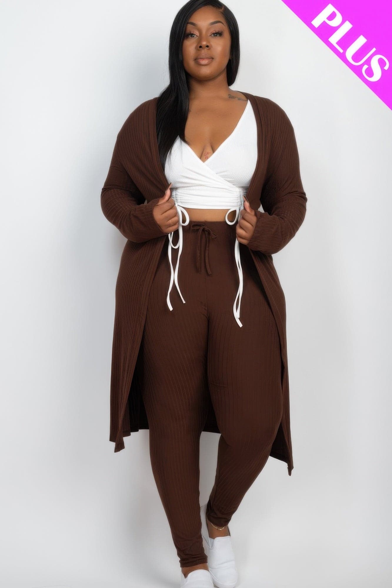 Plus Size Ribbed Long Cardigan & Leggings Set - Taupe / 3XL - Thumbnail 10