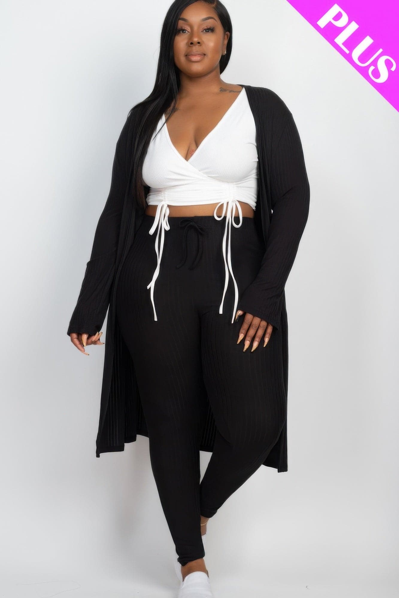 Plus Size Ribbed Long Cardigan & Leggings Set - Taupe / 2XL - Thumbnail 9