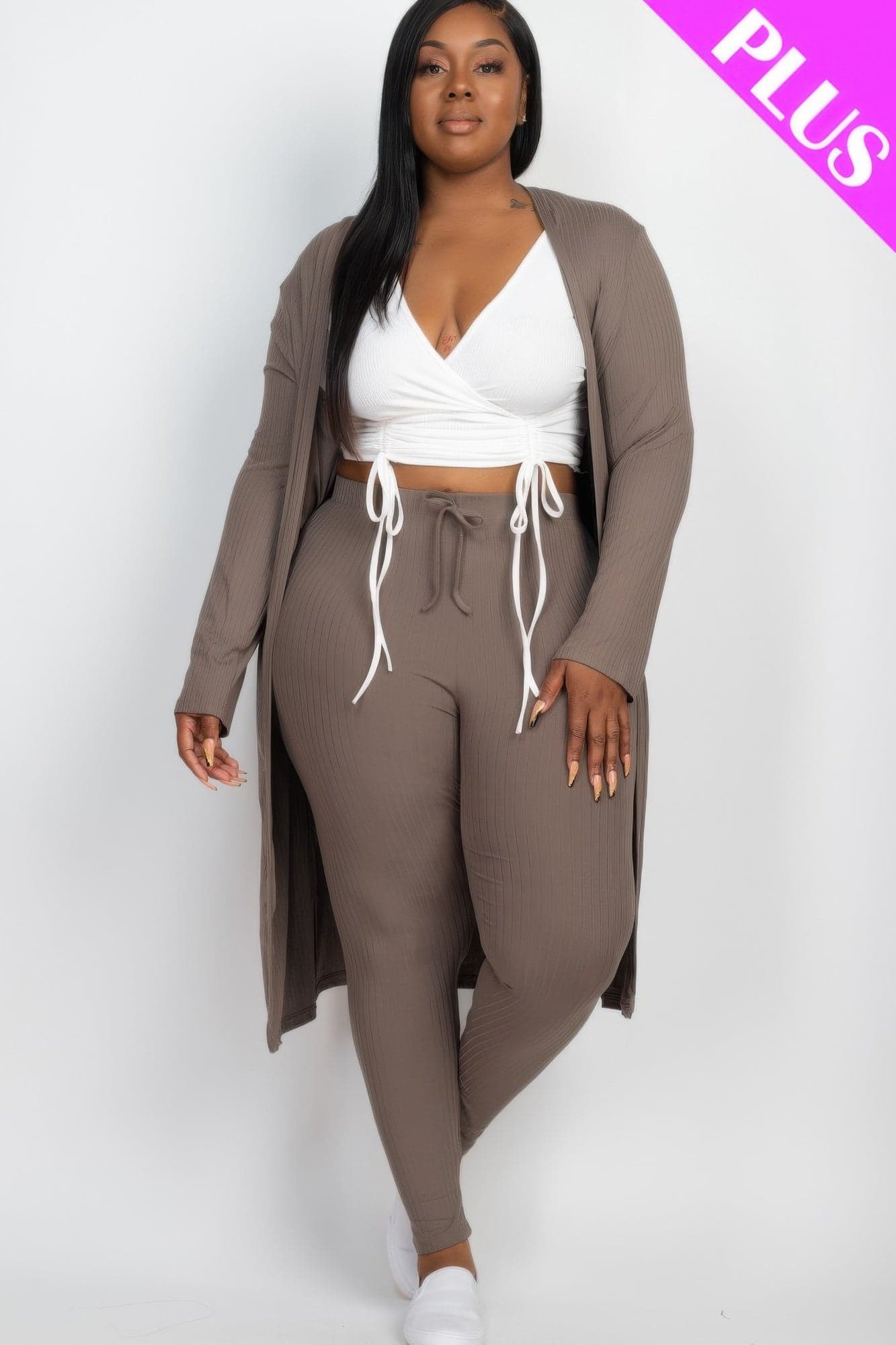 Plus Size Ribbed Long Cardigan & Leggings Set - Taupe / 2XL - Thumbnail 8