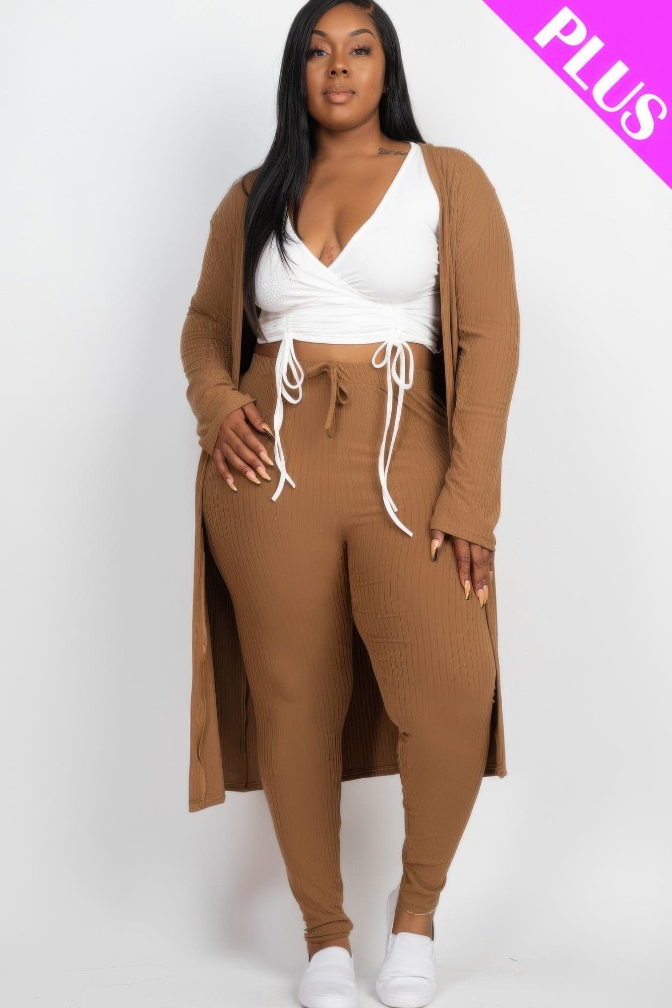 Plus Size Ribbed Long Cardigan & Leggings Set - Taupe / 1XL - Thumbnail 7