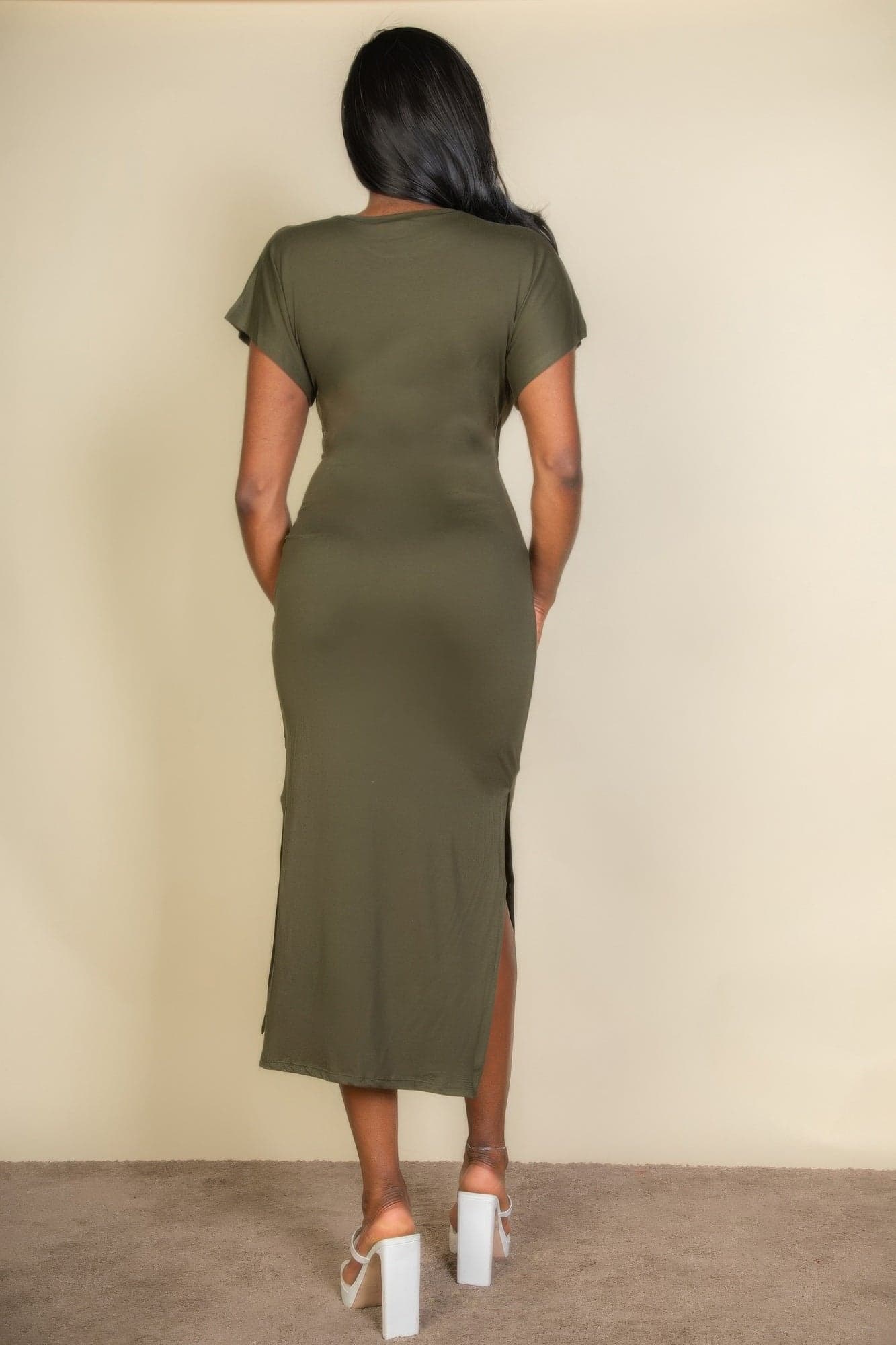 Tie Front Short Sleeve Side Slit Dress - Olive / L - Thumbnail 7