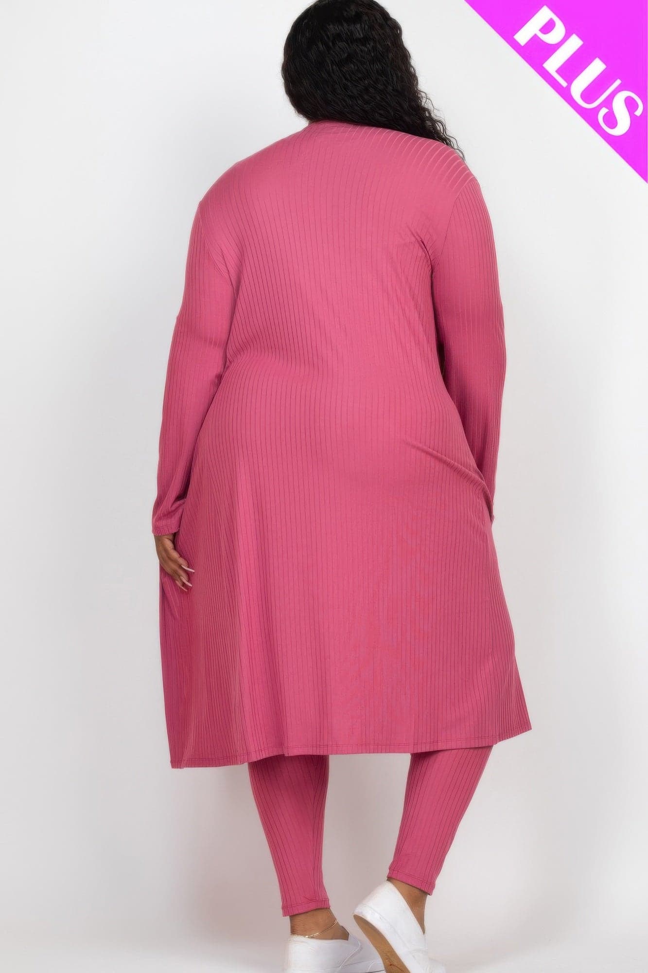 Plus Size Ribbed Long Cardigan & Leggings Set - Taupe / 3XL - Thumbnail 5