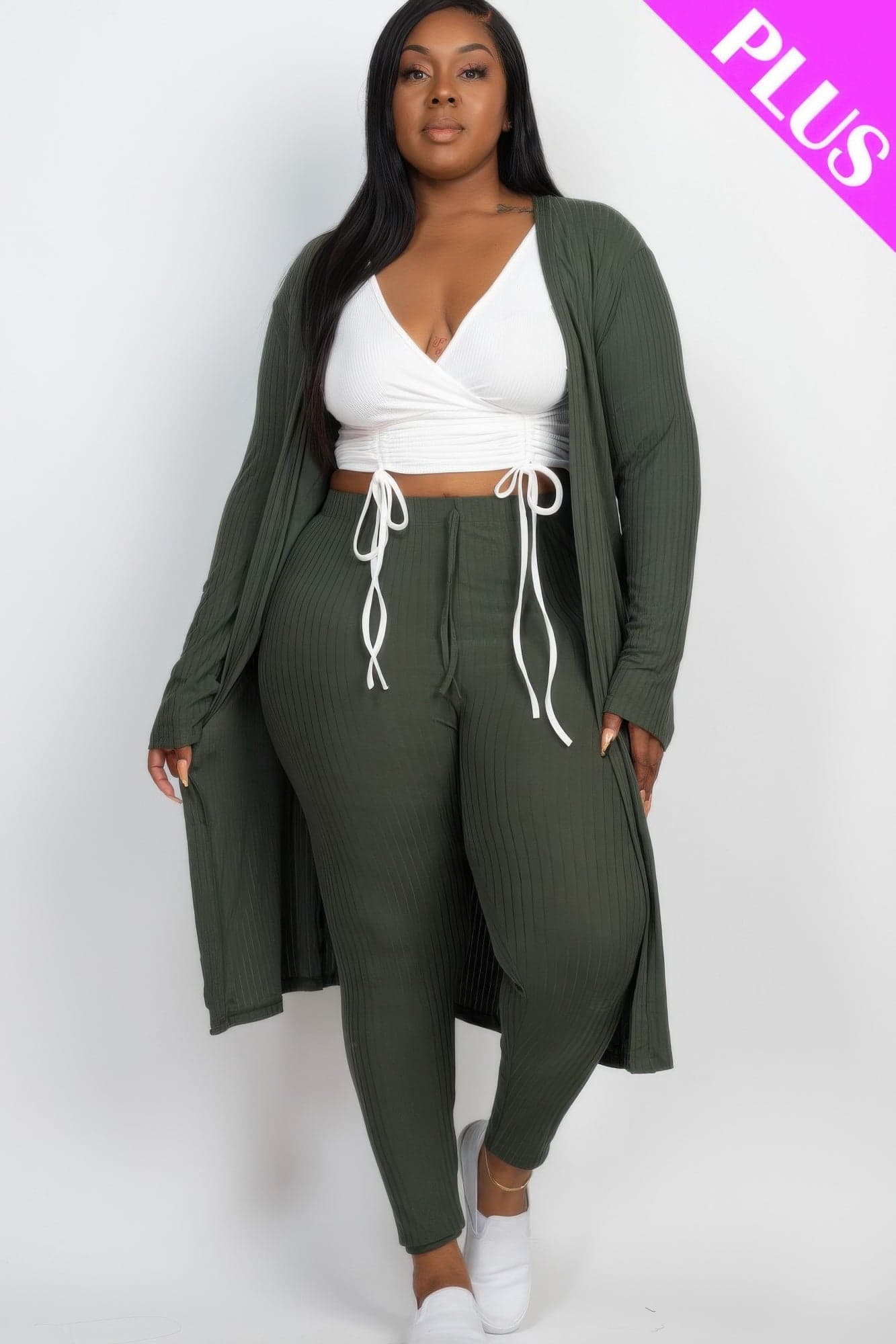 Plus Size Ribbed Long Cardigan & Leggings Set - Taupe / 3XL - Thumbnail 6