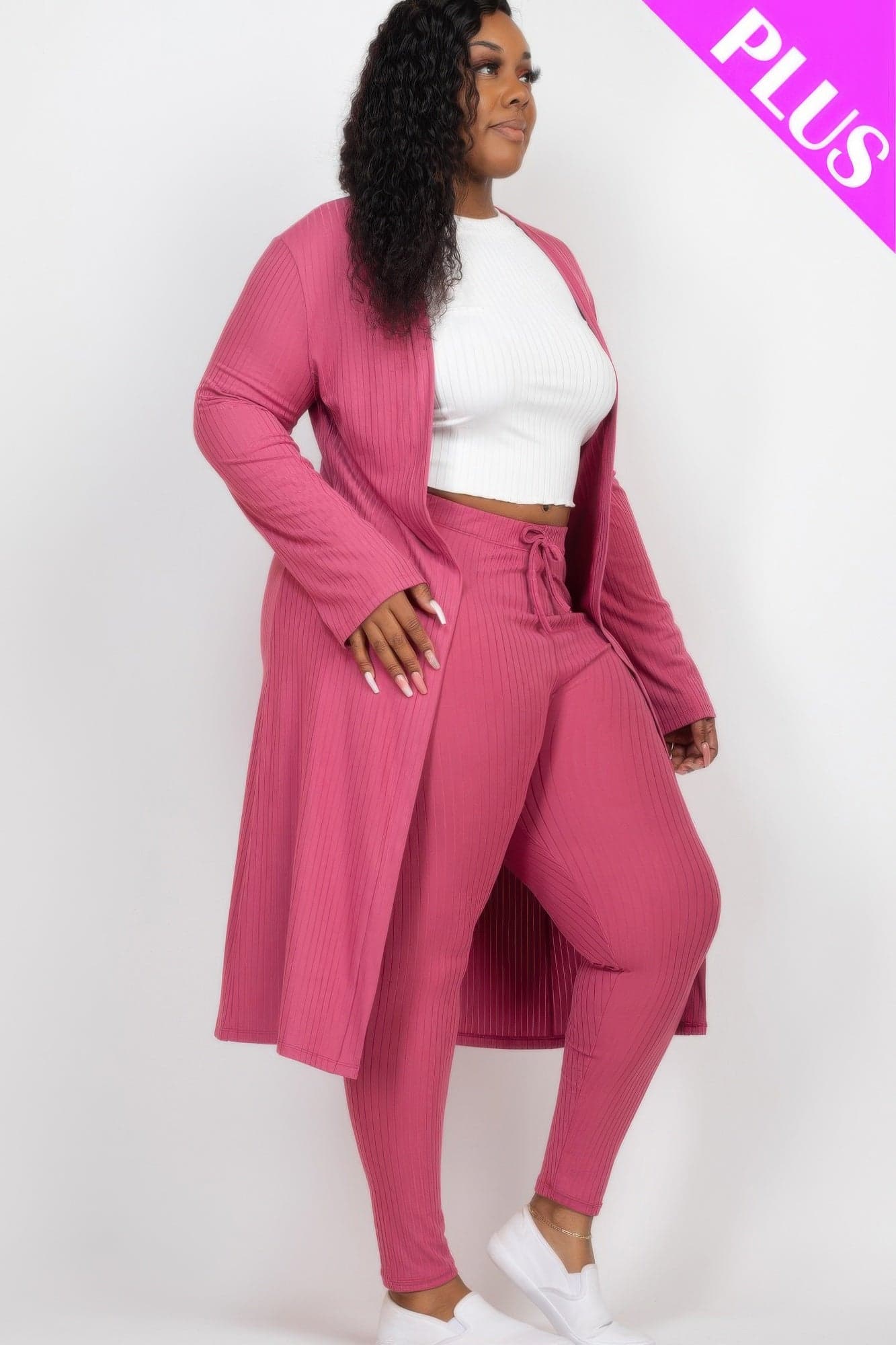 Plus Size Ribbed Long Cardigan & Leggings Set - Taupe / 2XL - Thumbnail 3