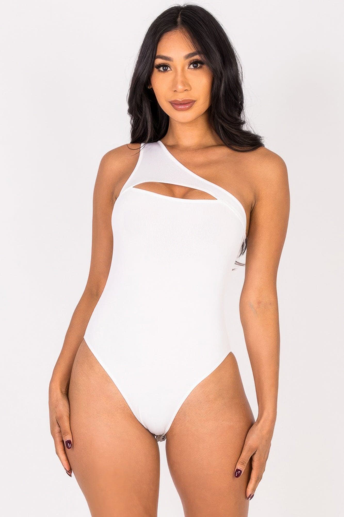 Ribbed Knit Cut Out One Shoulder Bodysuit - White / M - Thumbnail 10