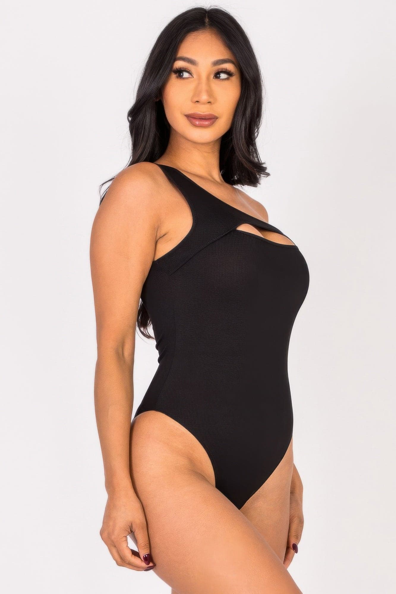 Ribbed Knit Cut Out One Shoulder Bodysuit - White / M - Thumbnail 16