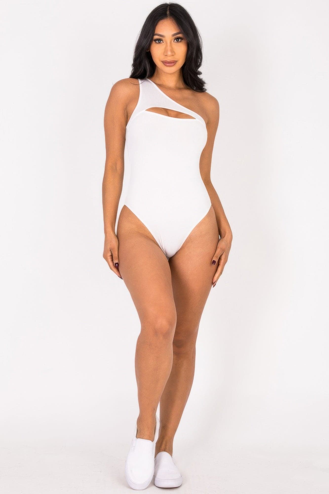Ribbed Knit Cut Out One Shoulder Bodysuit - Royal / S - Thumbnail 11