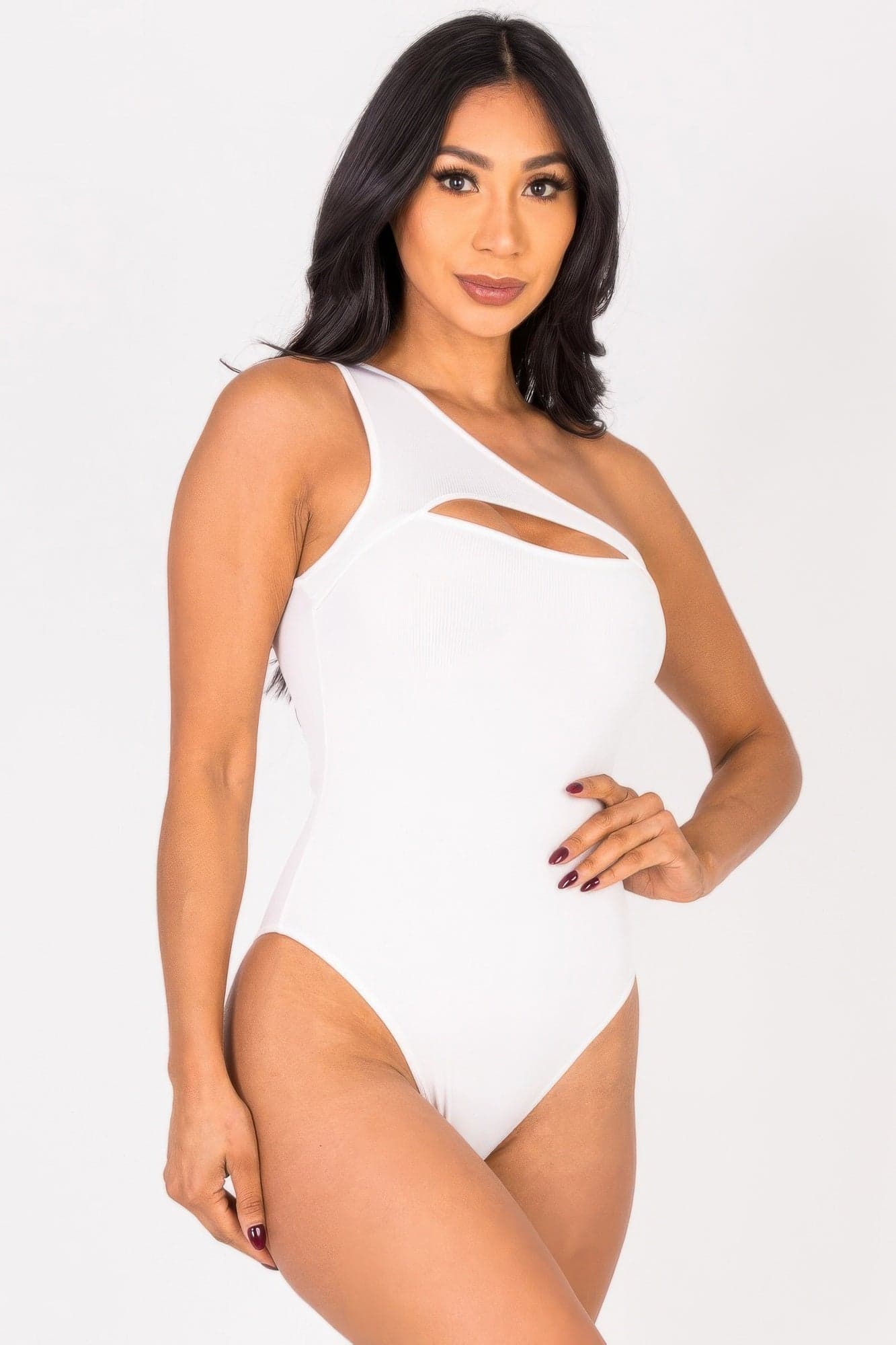 Ribbed Knit Cut Out One Shoulder Bodysuit - White / S - Thumbnail 12