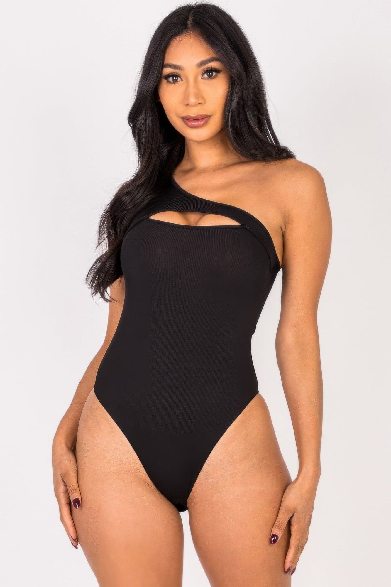 Ribbed Knit Cut Out One Shoulder Bodysuit - Royal / L - Thumbnail 15