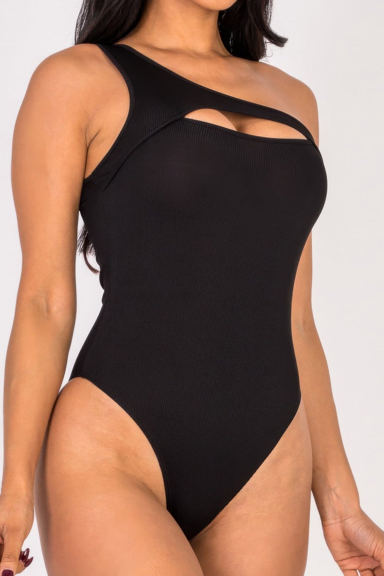 Ribbed Knit Cut Out One Shoulder Bodysuit - Royal / L - Thumbnail 17