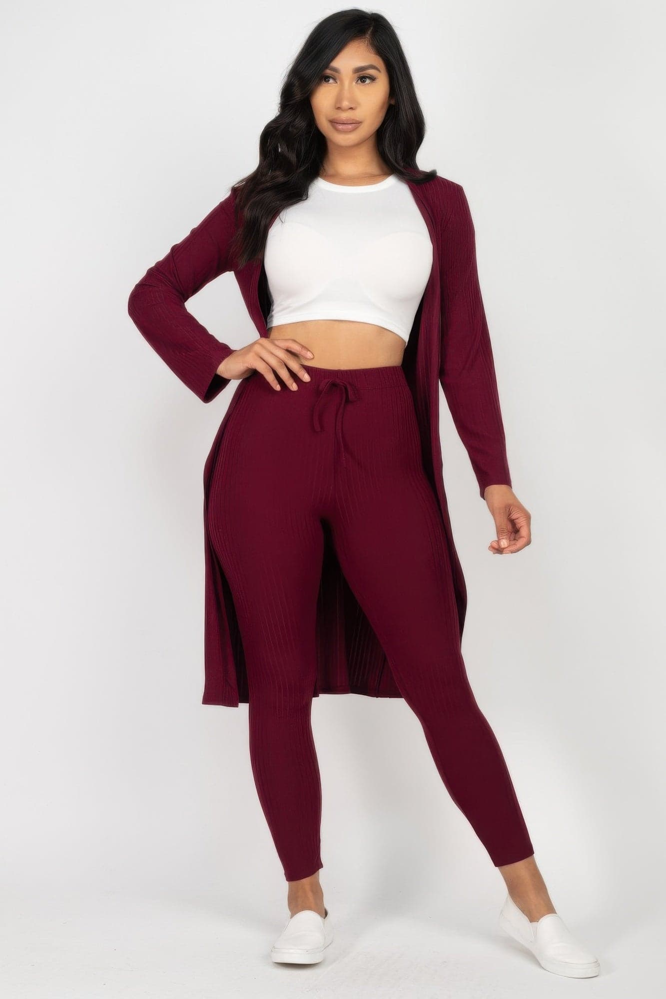 Ribbed Long Cardigan & Leggings Set - Dark Mauve / S - Thumbnail 9