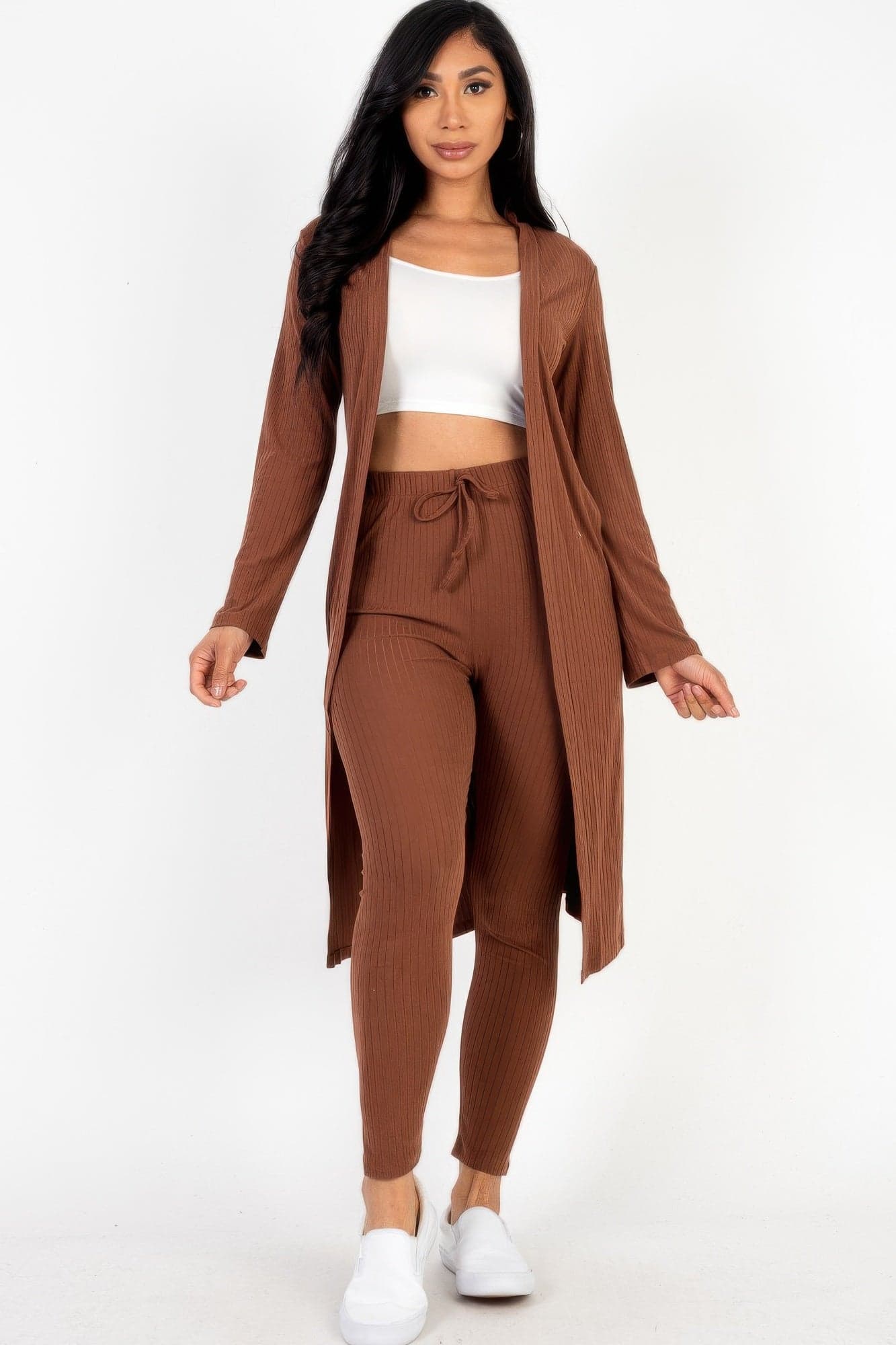 Ribbed Long Cardigan & Leggings Set - Navy / L