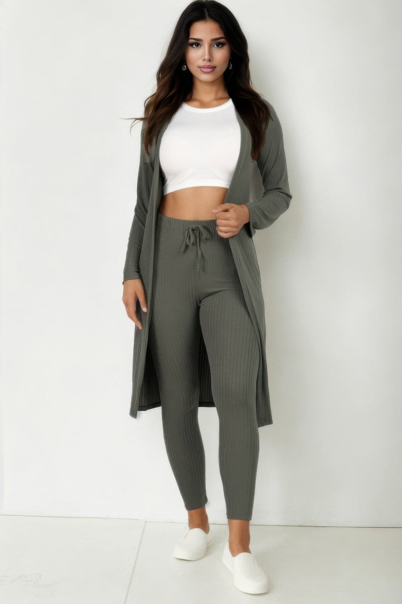 Ribbed Long Cardigan & Leggings Set - Gold / M - Thumbnail 20