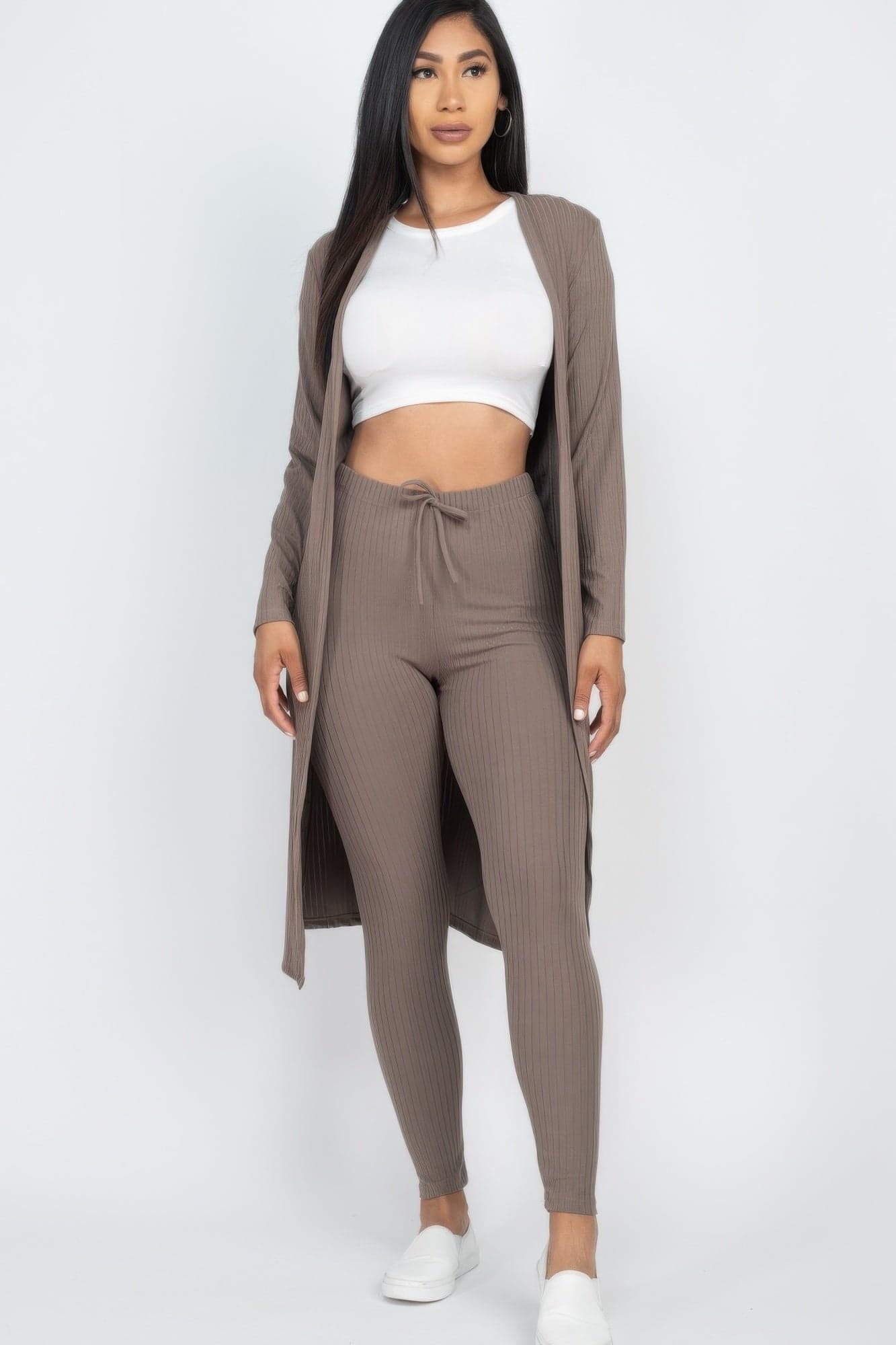 Ribbed Long Cardigan & Leggings Set - Mocha / M - Thumbnail 19