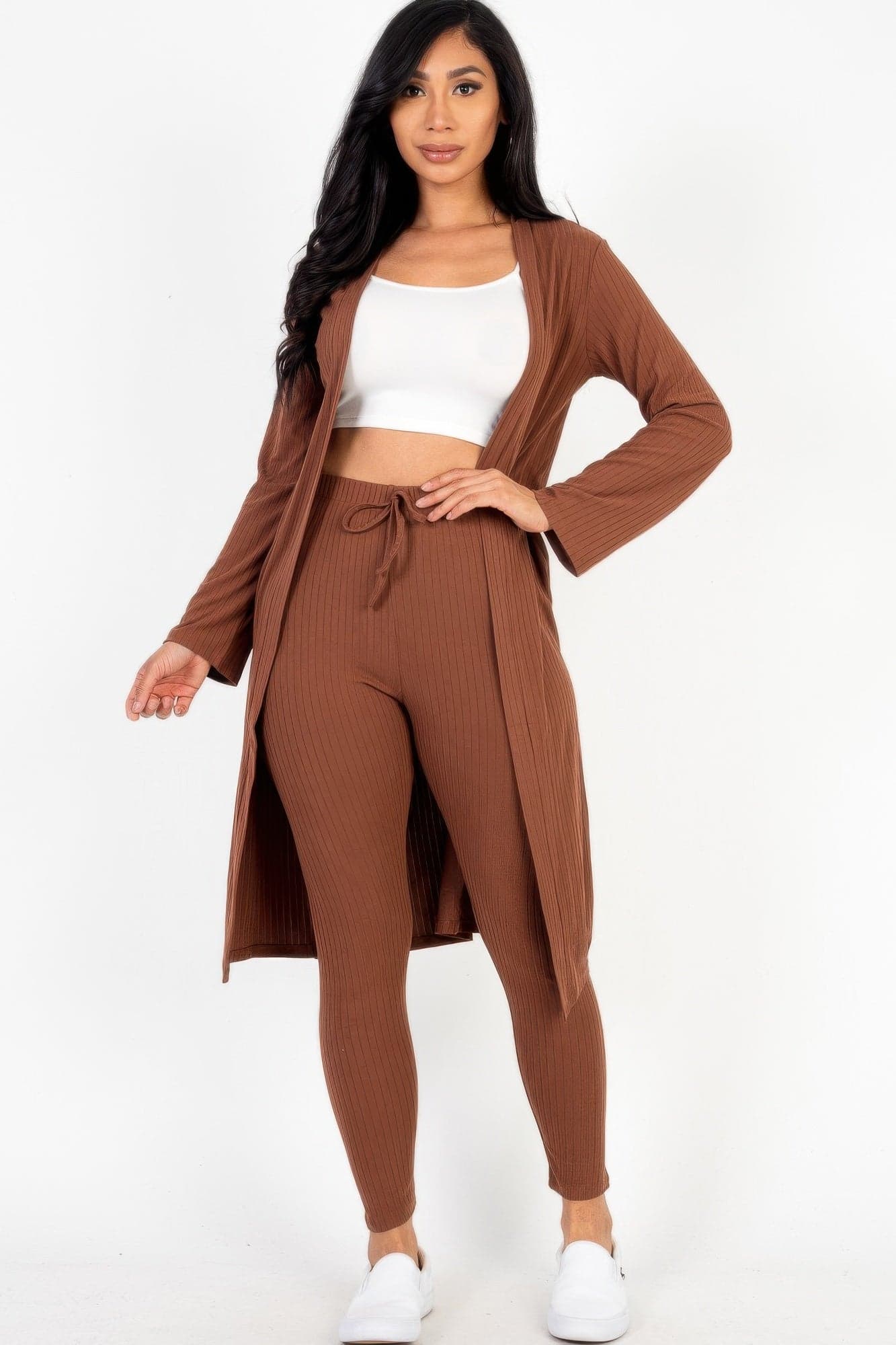 Ribbed Long Cardigan & Leggings Set - Dark Mauve / S - Thumbnail 21