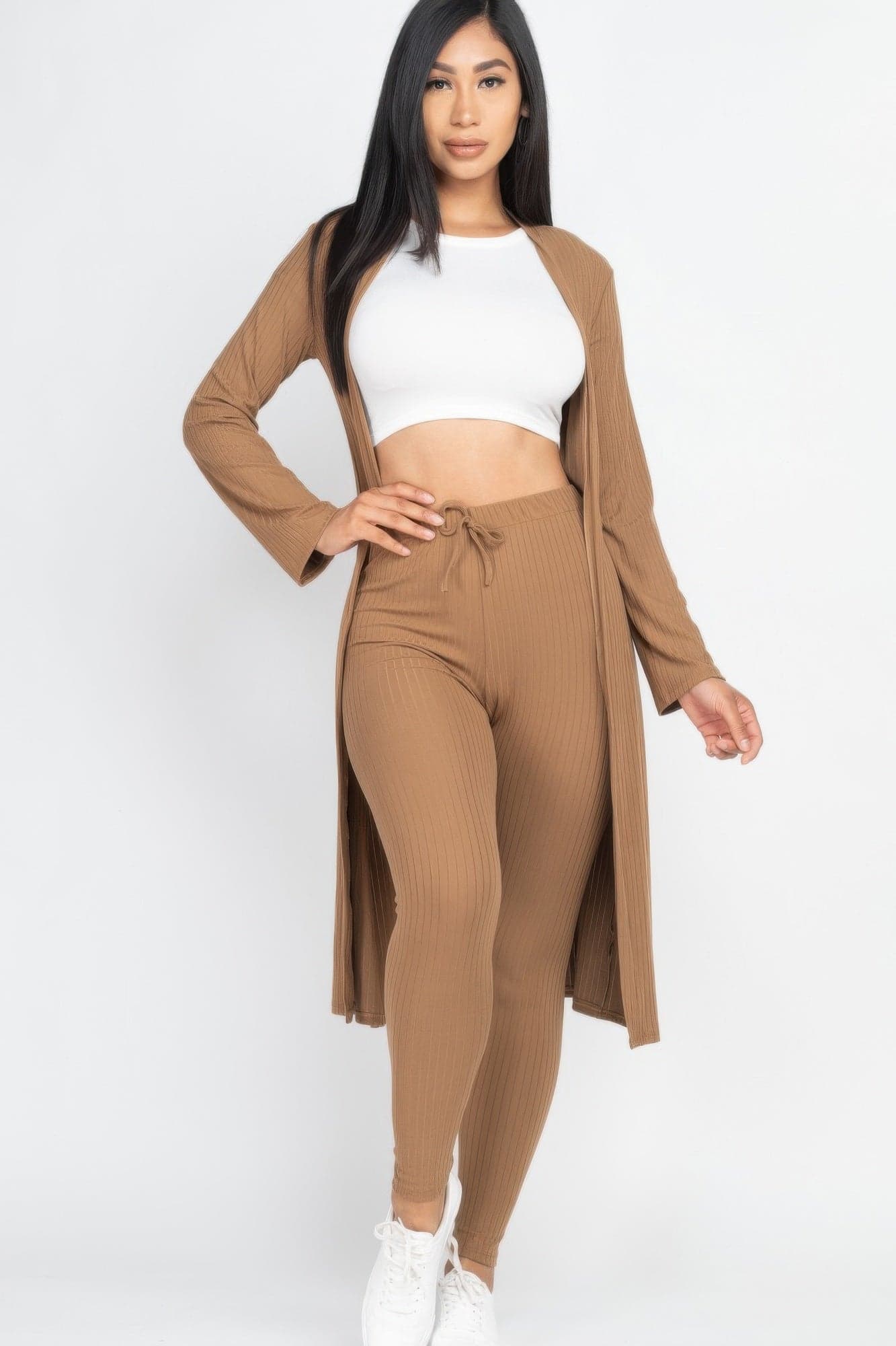 Ribbed Long Cardigan & Leggings Set - Gold / M - Thumbnail 8