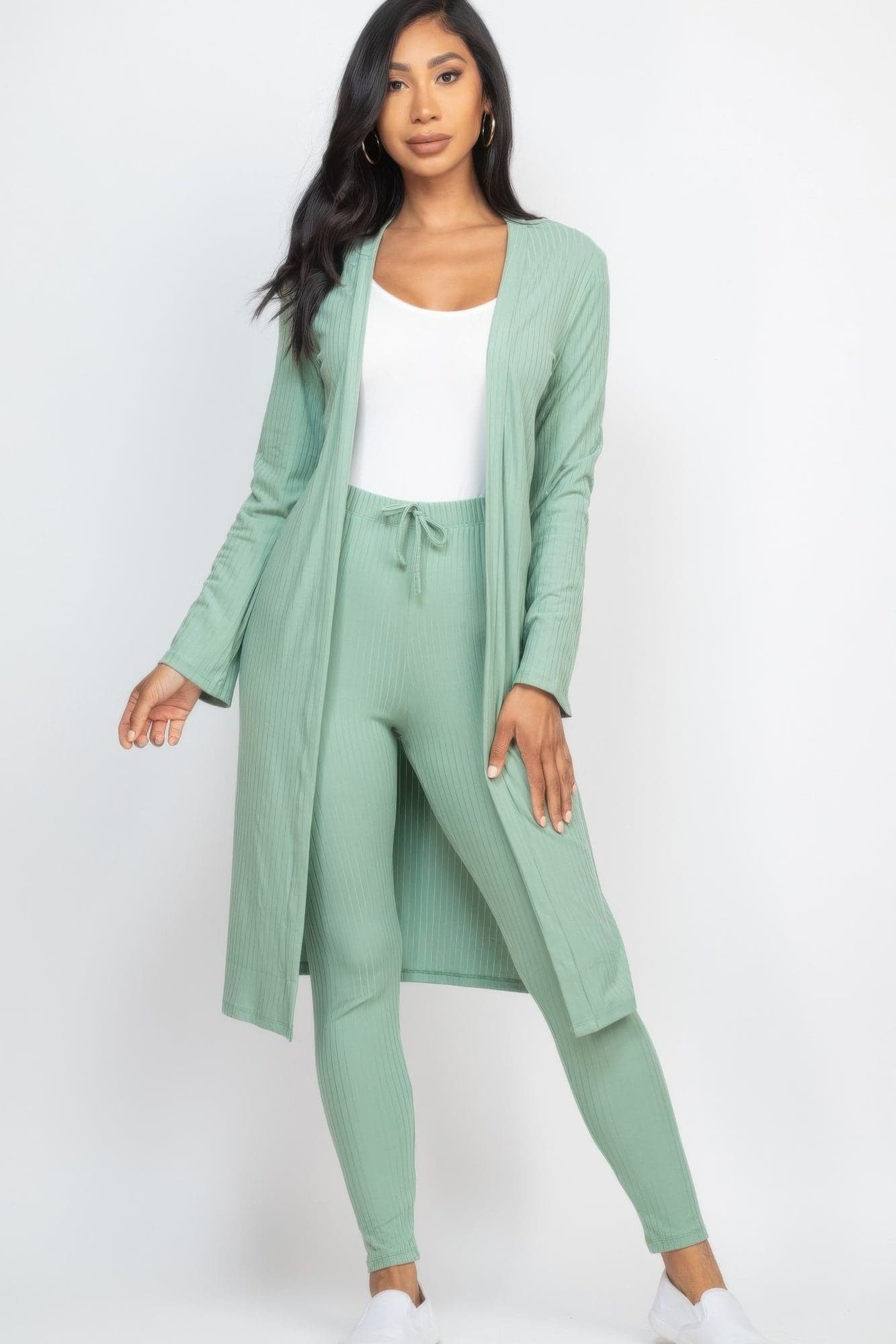 Ribbed Long Cardigan & Leggings Set - Taupe / M - Thumbnail 14