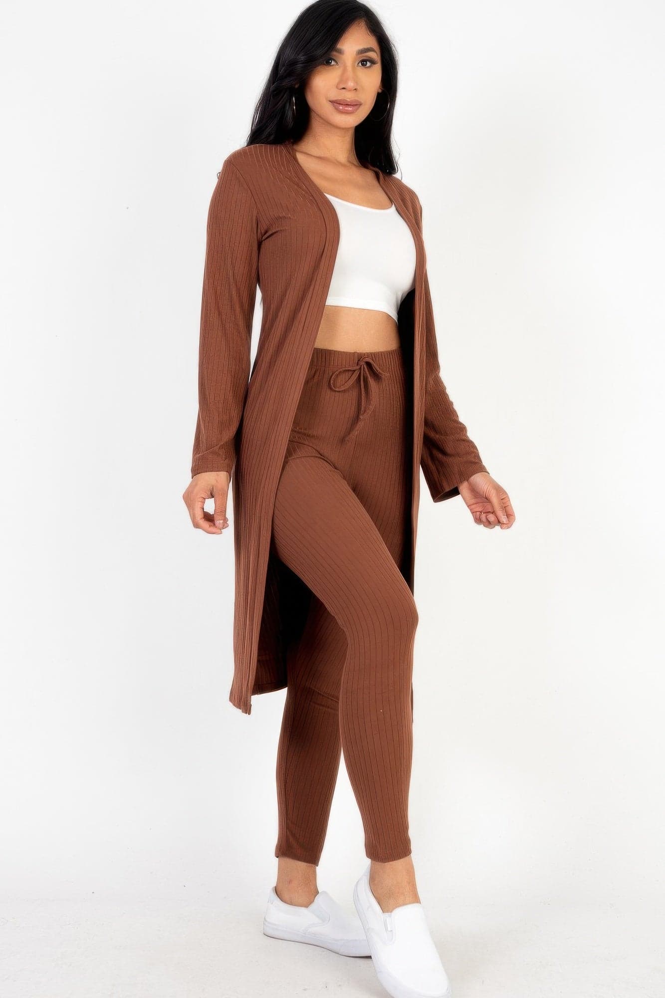 Ribbed Long Cardigan & Leggings Set - Taupe / M - Thumbnail 3