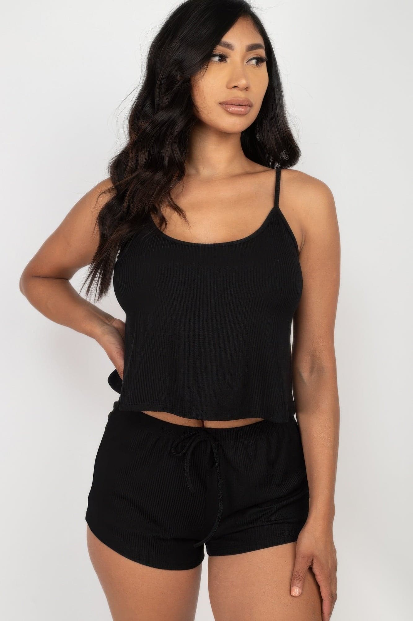 Ribbed Strappy Top & Shorts Set - Black / M - Thumbnail 11