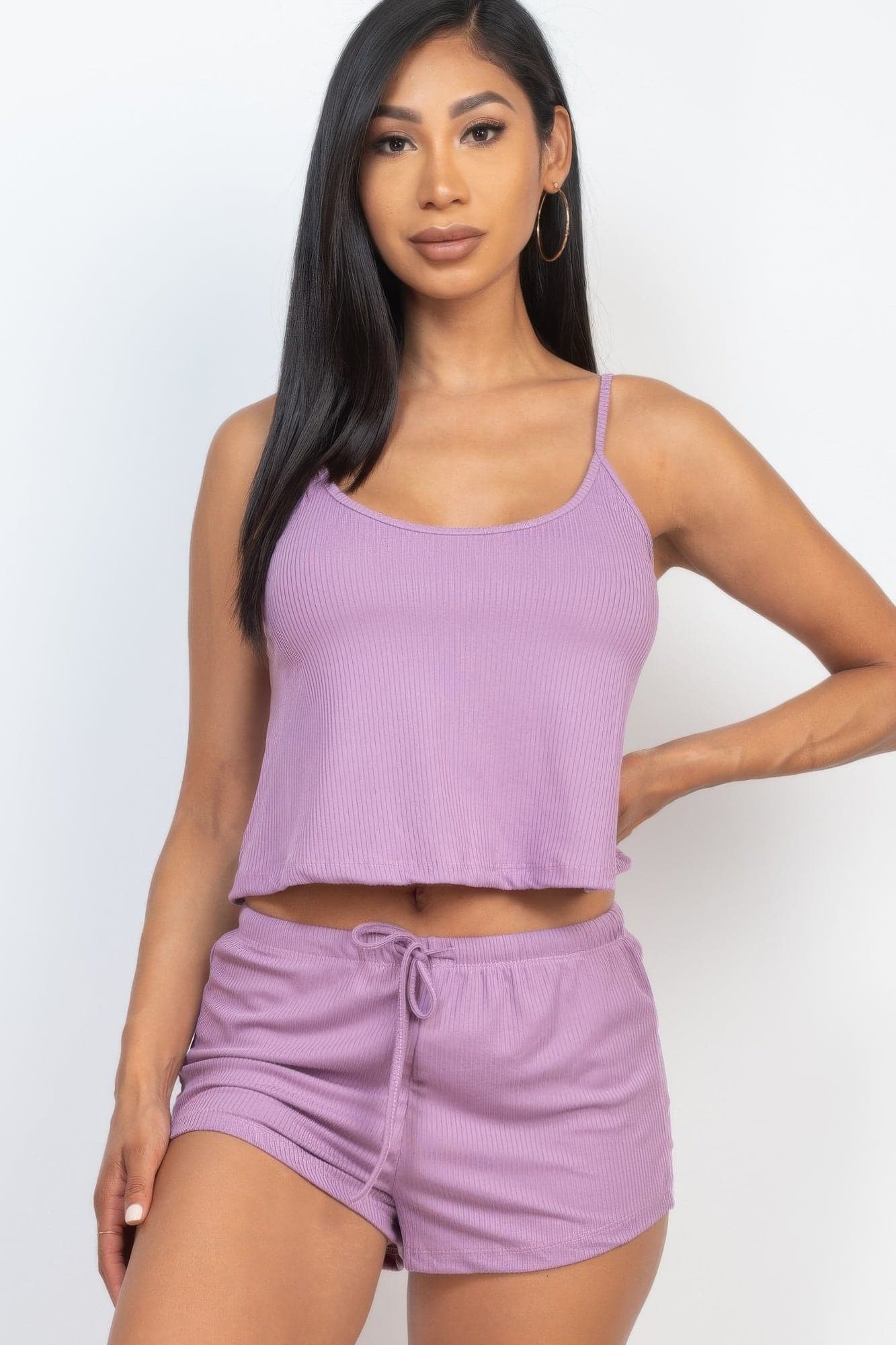 Ribbed Strappy Top & Shorts Set - Black / S - Thumbnail 9