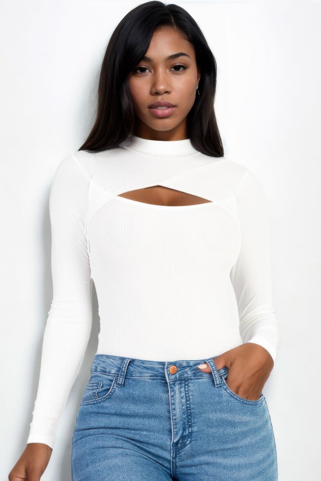 Front Cutout Long Sleeve Bodysuit - Navy / S - Thumbnail 6