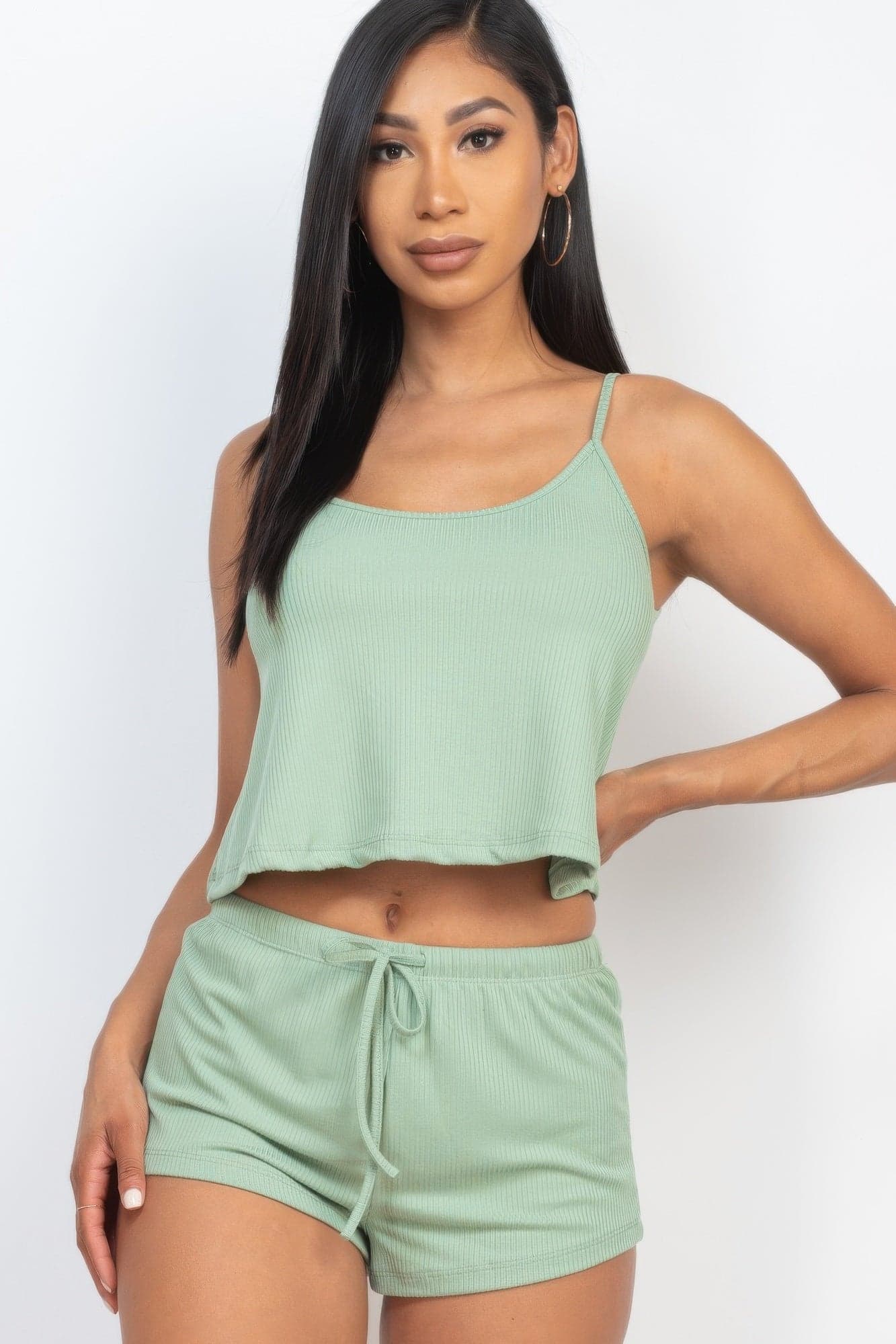 Ribbed Strappy Top & Shorts Set - Green Bay / M - Thumbnail 10