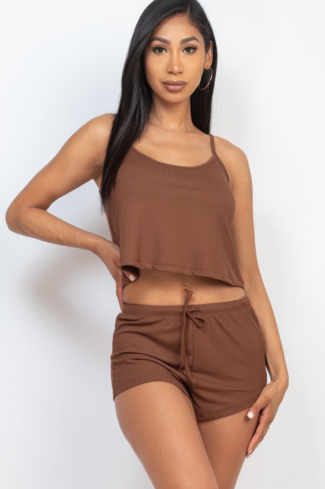 Ribbed Strappy Top & Shorts Set - Latte / M - Thumbnail 6