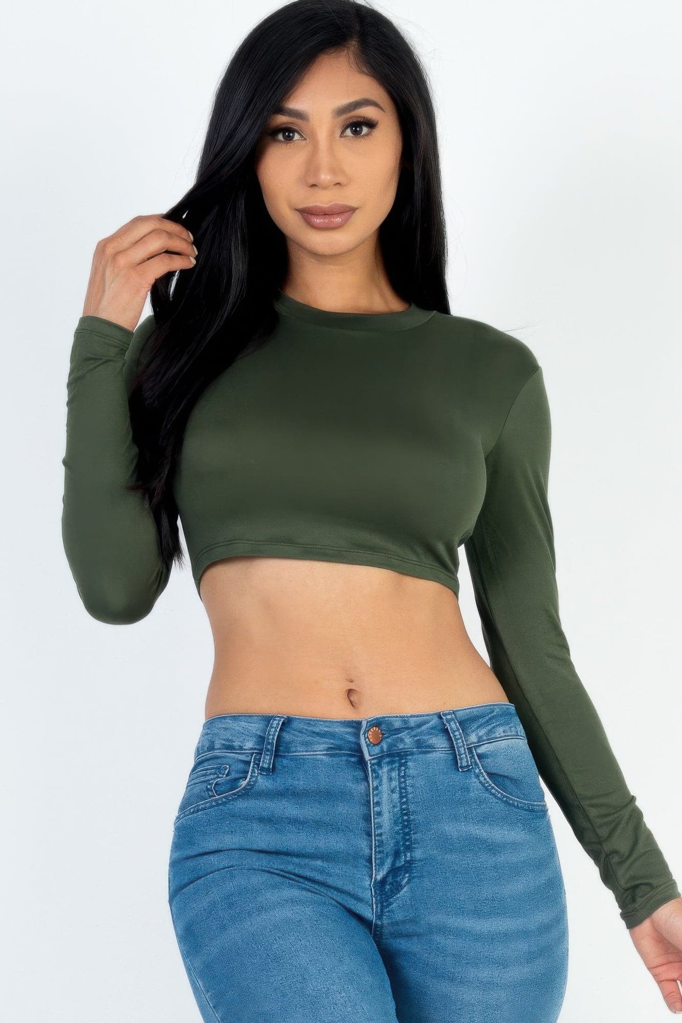 Crew Neck Long Sleeve Cropped Top - Coca mocha / S - Thumbnail 14