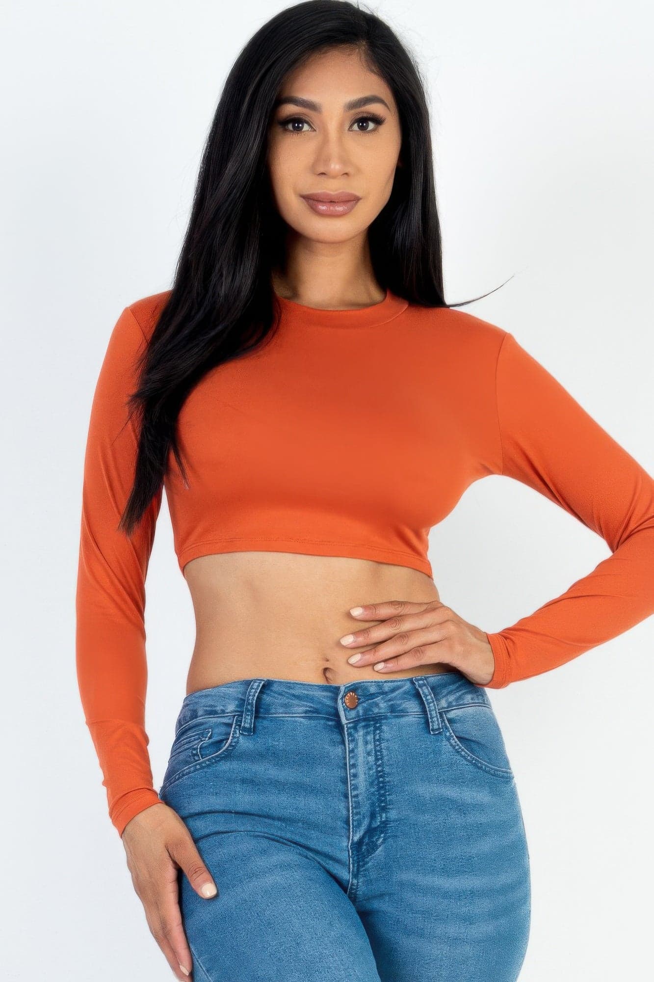 Crew Neck Long Sleeve Cropped Top - Burgundy / S - Thumbnail 16
