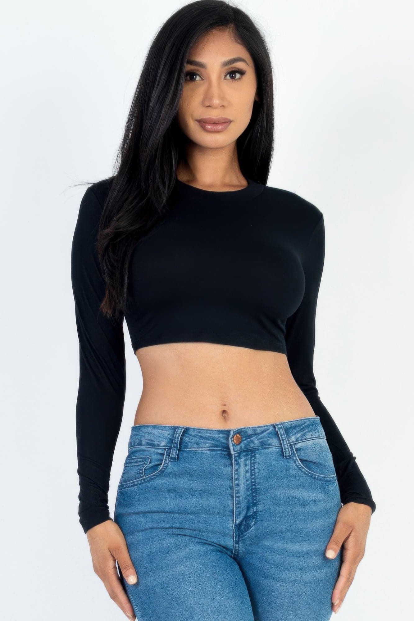 Crew Neck Long Sleeve Cropped Top - Blue haze / M - Thumbnail 12