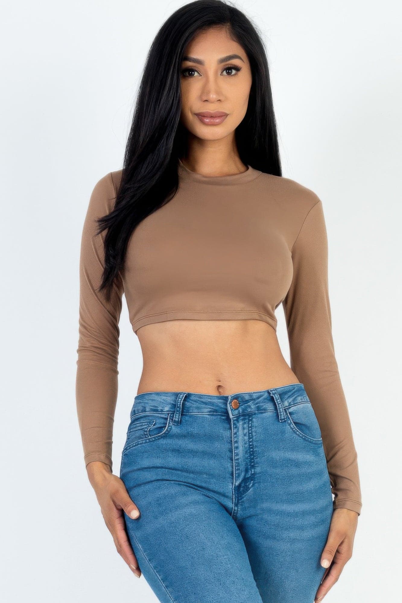 Crew Neck Long Sleeve Cropped Top - Gold / S - Thumbnail 11
