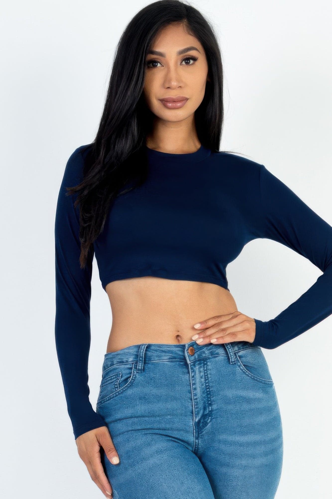 Crew Neck Long Sleeve Cropped Top - Burgundy / S - Thumbnail 15