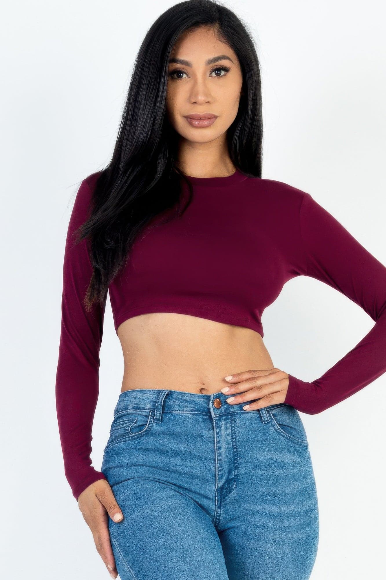 Crew Neck Long Sleeve Cropped Top - Navy / S - Thumbnail 13