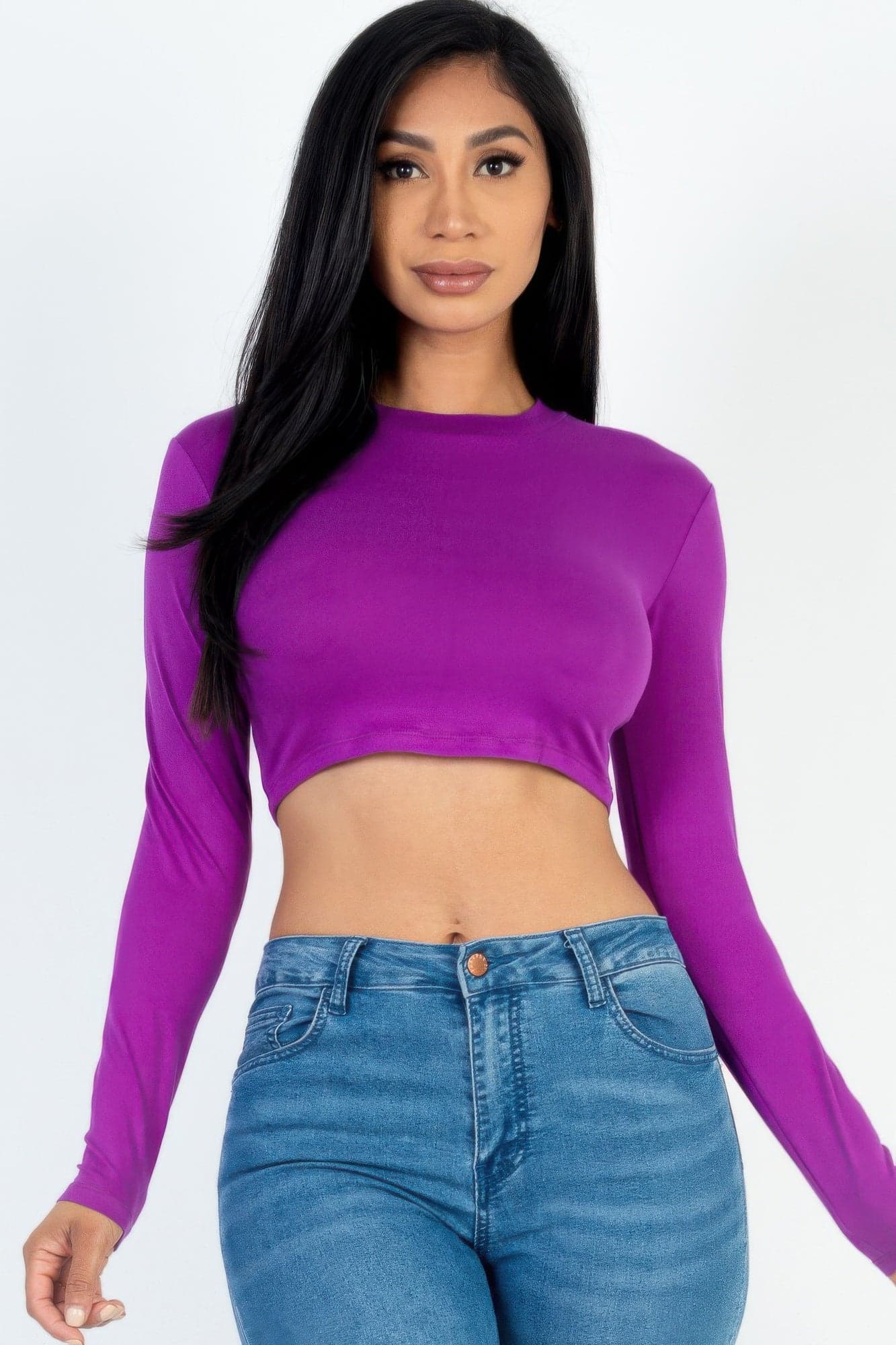 Crew Neck Long Sleeve Cropped Top - Mango / L - Thumbnail 9