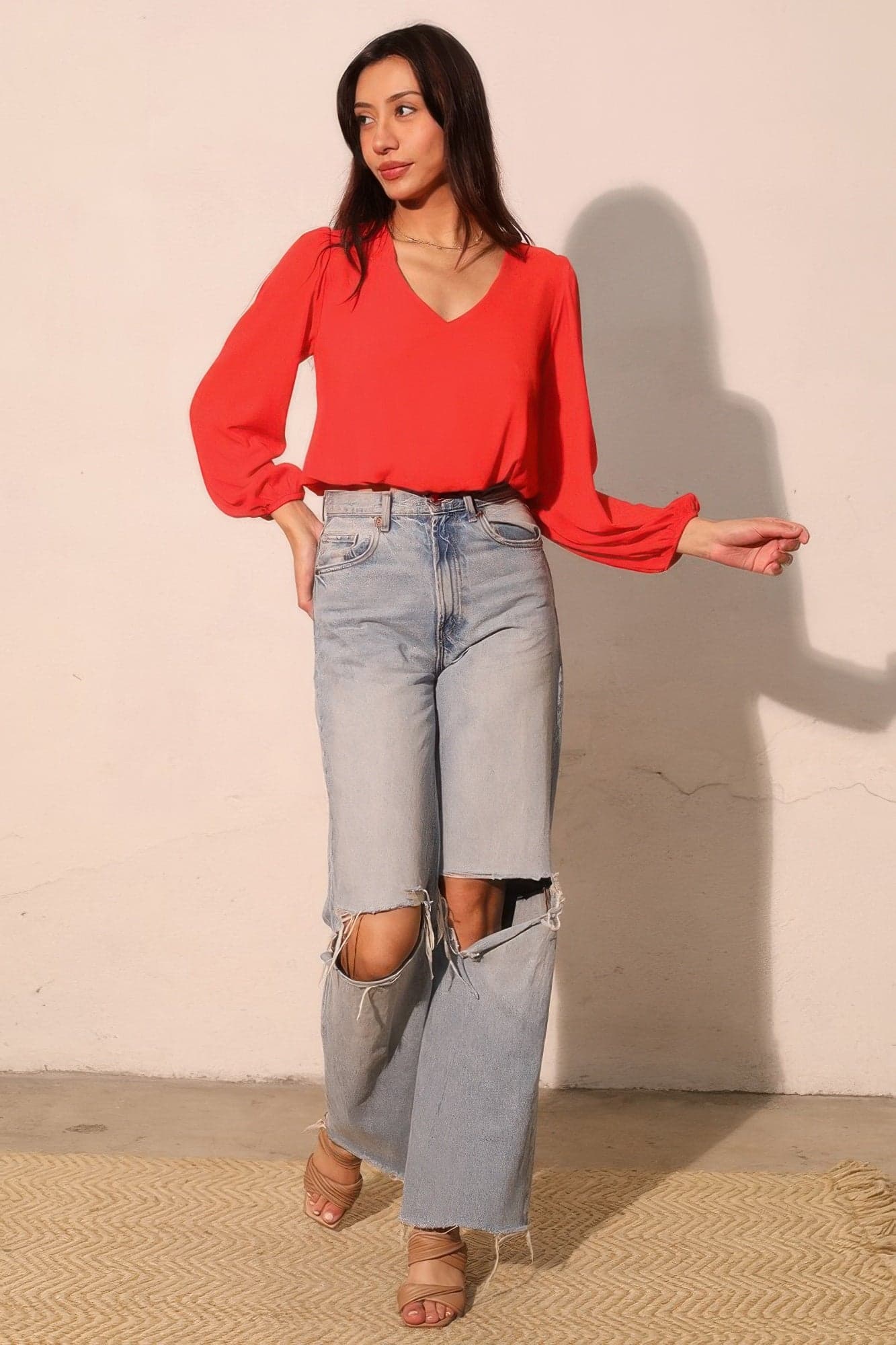 Textured Solid Long Sleeve Crop Top - L - Thumbnail 2