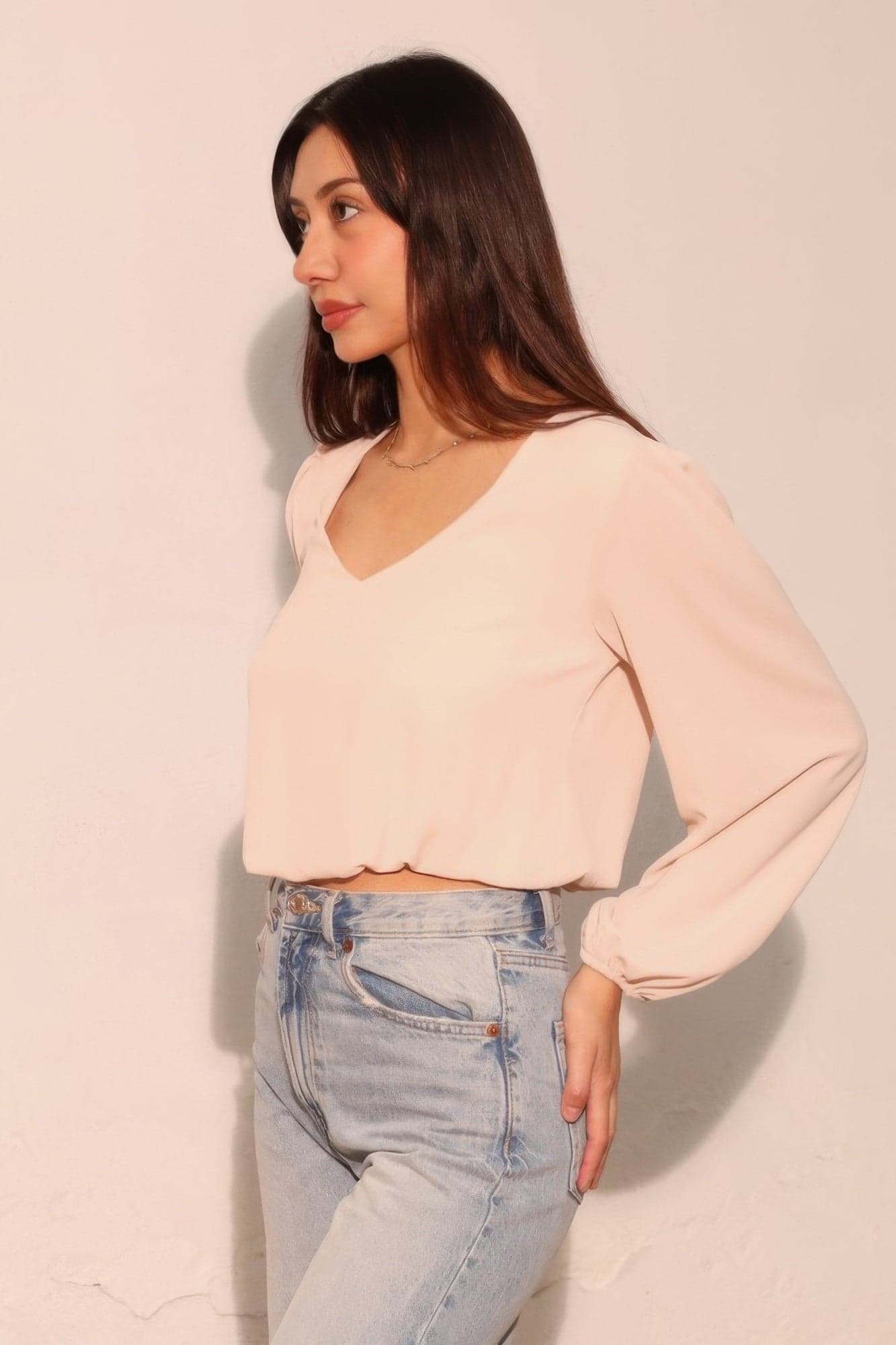 Textured Solid Long Sleeve Crop Top - M - Thumbnail 2